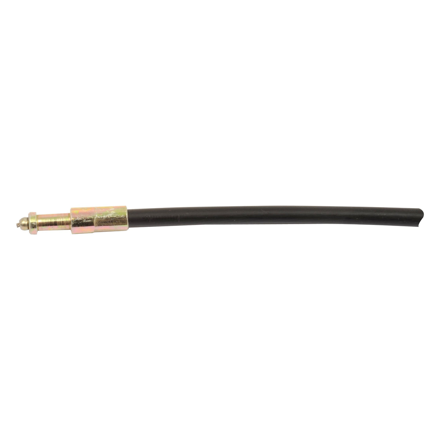 Image of a black rubber hose with a gold-colored metal fitting on one end, ideal for use as the Sparex Foot Throttle Cable - Length: 2067mm, Outer cable length: 1891mm (Sparex Part No. S.103276) for Massey Ferguson equipment.