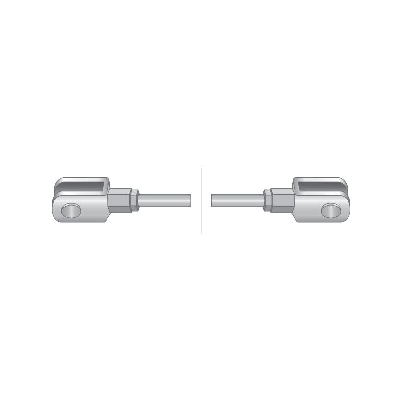 Two identical metallic rod ends, featuring a cylindrical rod with a rectangular loop and a bolt hole, facing each other with a gap in between. Ideal for Massey Ferguson tractors equipped with the PTO Cable (Length: 2366mm, Outer cable length: 2125mm), Sparex Part No.S.103277 from the Sparex brand, and compatible with Sparex components.