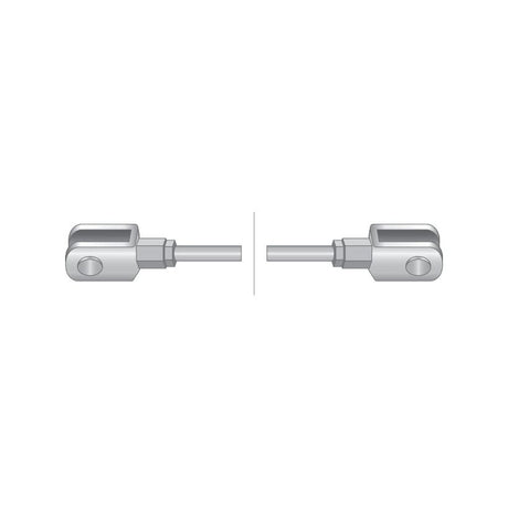 Two identical metallic rod ends, featuring a cylindrical rod with a rectangular loop and a bolt hole, facing each other with a gap in between. Ideal for Massey Ferguson tractors equipped with the PTO Cable (Length: 2366mm, Outer cable length: 2125mm), Sparex Part No.S.103277 from the Sparex brand, and compatible with Sparex components.