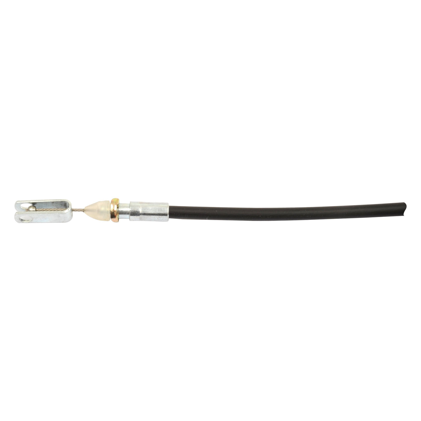 This black Foot Throttle Cable, with a metal connector at one end and a gold-colored element near the middle, measures 860mm in length and 660mm for the outer cable. It's an ideal fit for Massey Ferguson tractors and is known by Sparex Part No. S.103279 from the trusted brand Sparex.