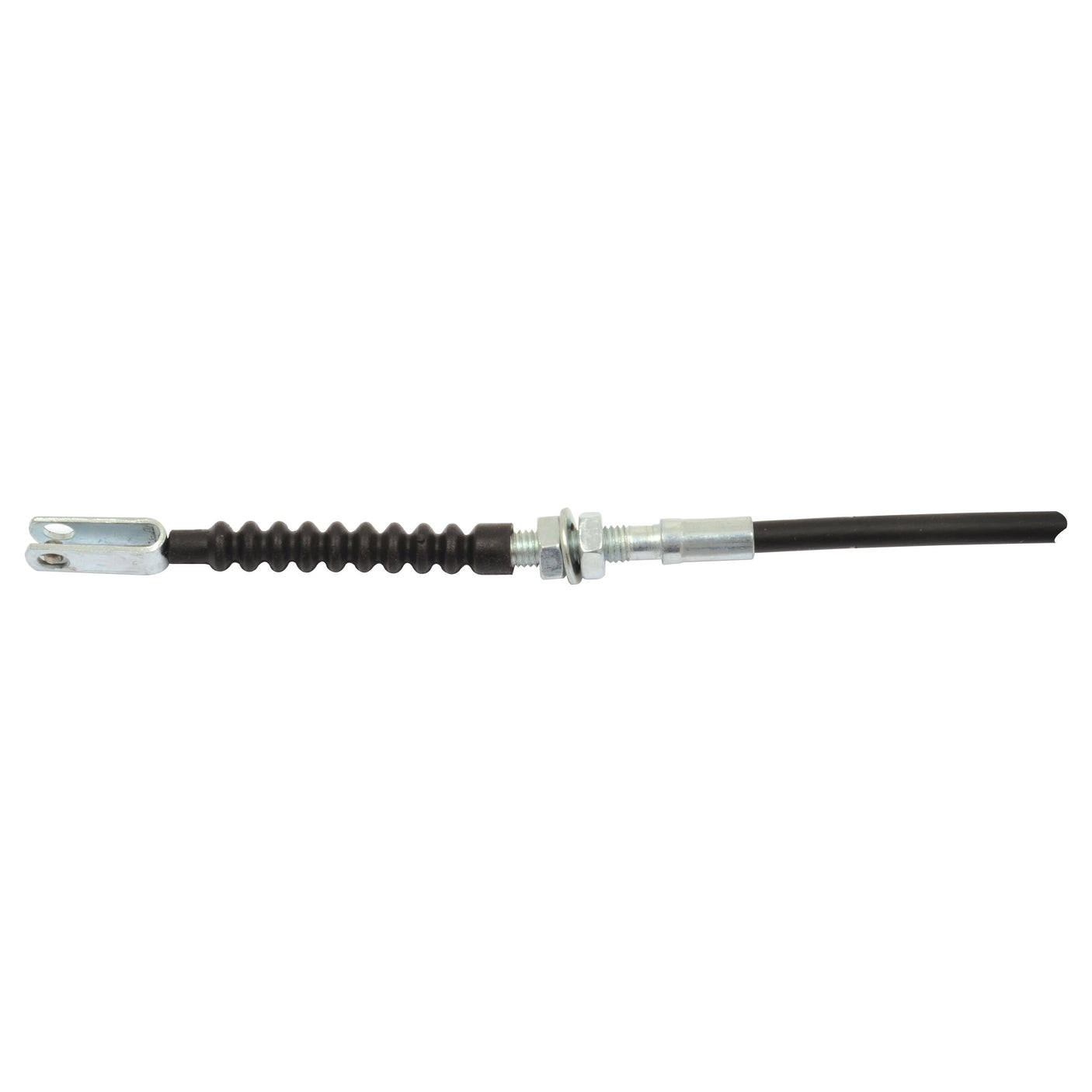 A black and silver Foot Throttle Cable by Sparex, featuring a threaded adjustment mechanism and a metal clevis at one end, with an 860mm length (660mm outer cable), perfectly compatible with Massey Ferguson models. Available as Sparex Part No. S.103279.