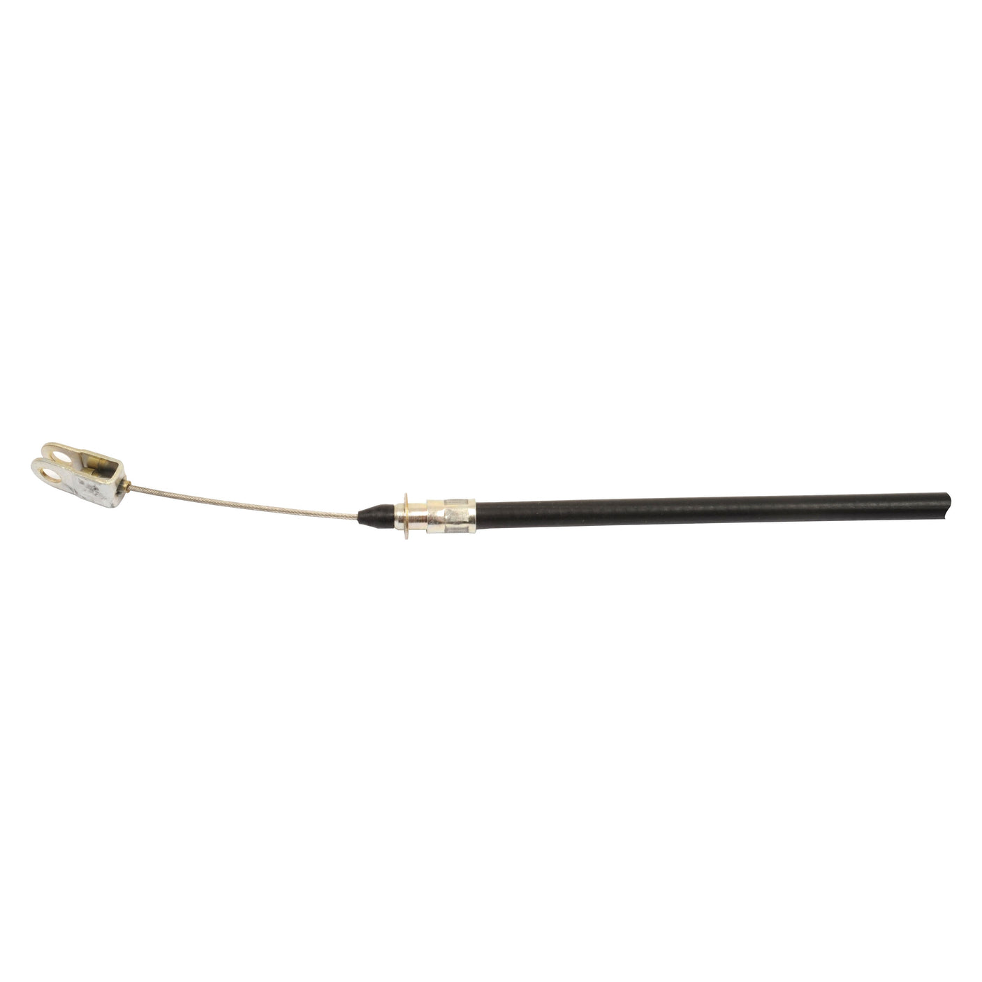 The Sparex Hand Throttle Cable (Sparex Part No.S.103280) features a length of 860mm with a 690mm outer cable and includes a metal connector on one end and a black plastic sleeve partially covering its length, making it ideal for use with Massey Ferguson tractors.