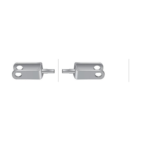 Two identical Sparex Foot Throttle Cable connectors, each in a silver metallic finish with two holes, are aligned side by side with spaces between them—perfect for securing a Massey Ferguson Foot Throttle Cable (Sparex Part No. S.103281).