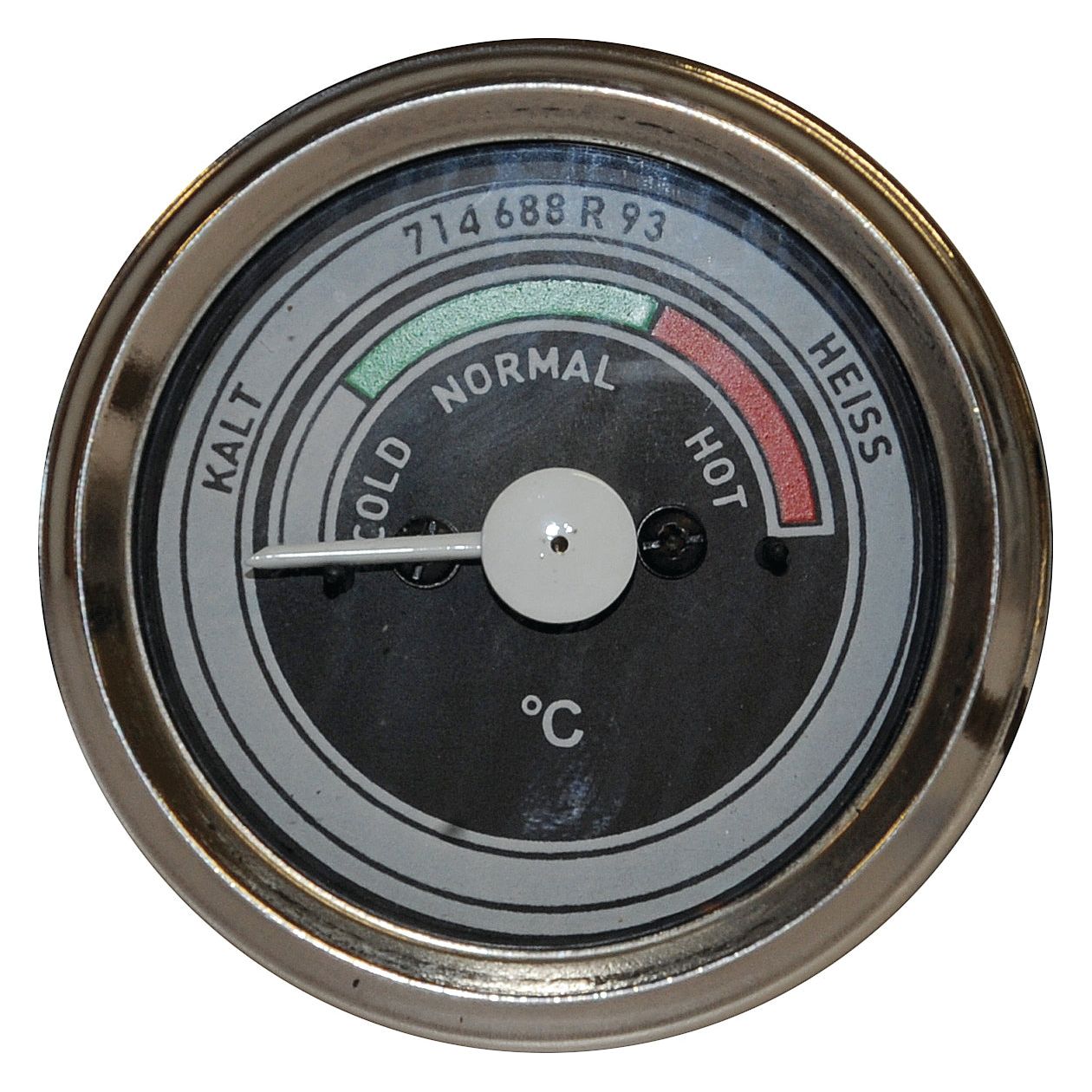 The Water Temperature Gauge, Temperature Range (Sparex Part No. S.103296) by Sparex is marked with "KALT," "NORMAL," and "HEISS" zones. The needle points slightly to the left of the "NORMAL" zone, making it an excellent fit for Case IH machinery.