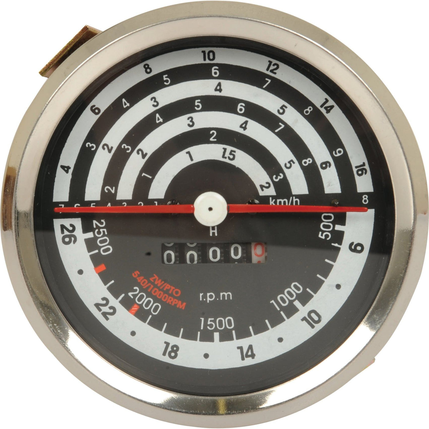 Introducing the Tractormeter (KPH) by Sparex, featuring a black and white analog display with concentric circles and a red needle. This speedometer provides readings from 0 to 260 km/h and 0 to 20000 RPM, making it perfect for Case IH enthusiasts. Available under Sparex Part No.S.103298.