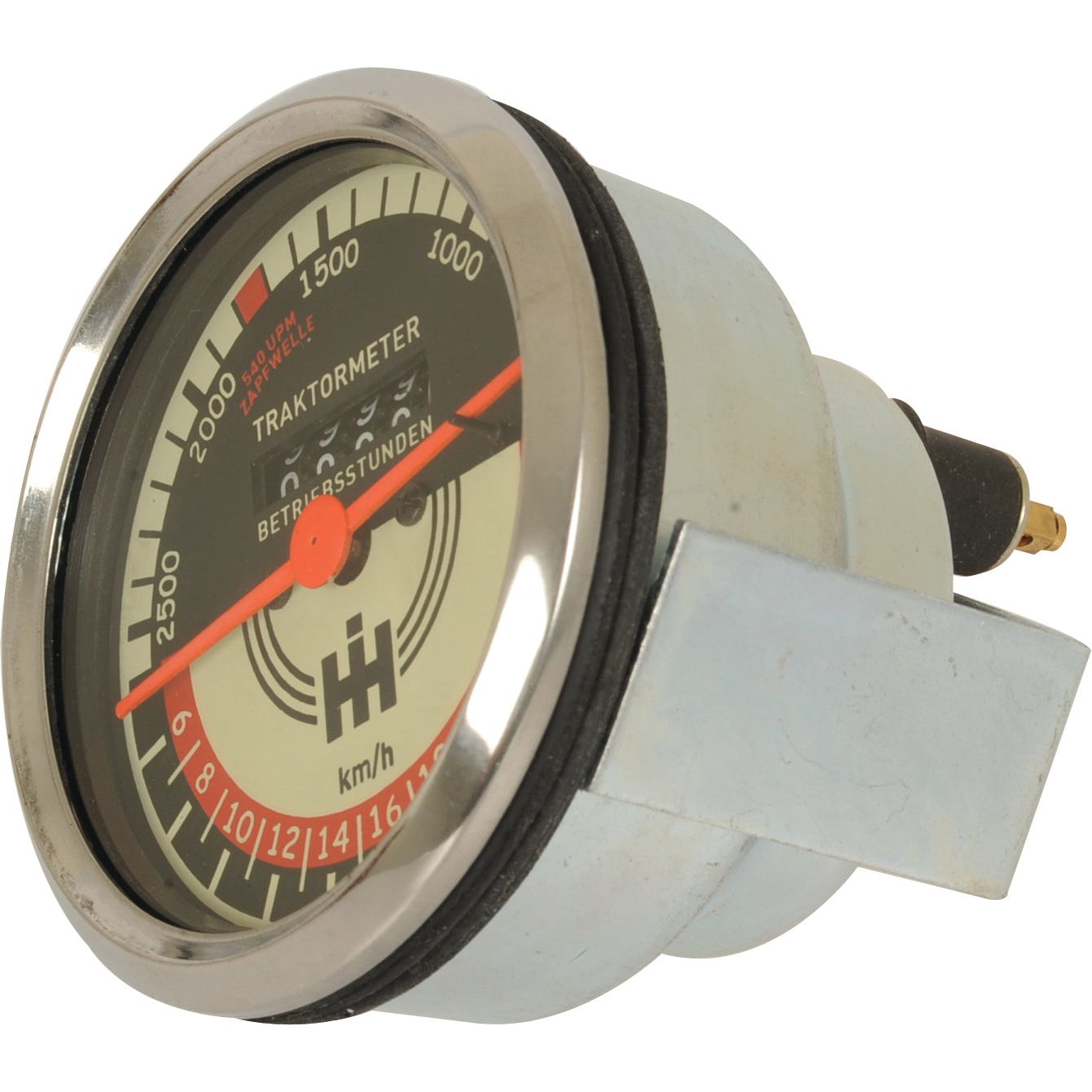 The Sparex Tachometer (KPH), branded with Sparex Part No. S.103299, features a durable metallic casing with a black, white, and red dial that displays readings up to 2500 RPM and speed in km/h, making it an ideal fit for International Harvester machinery.