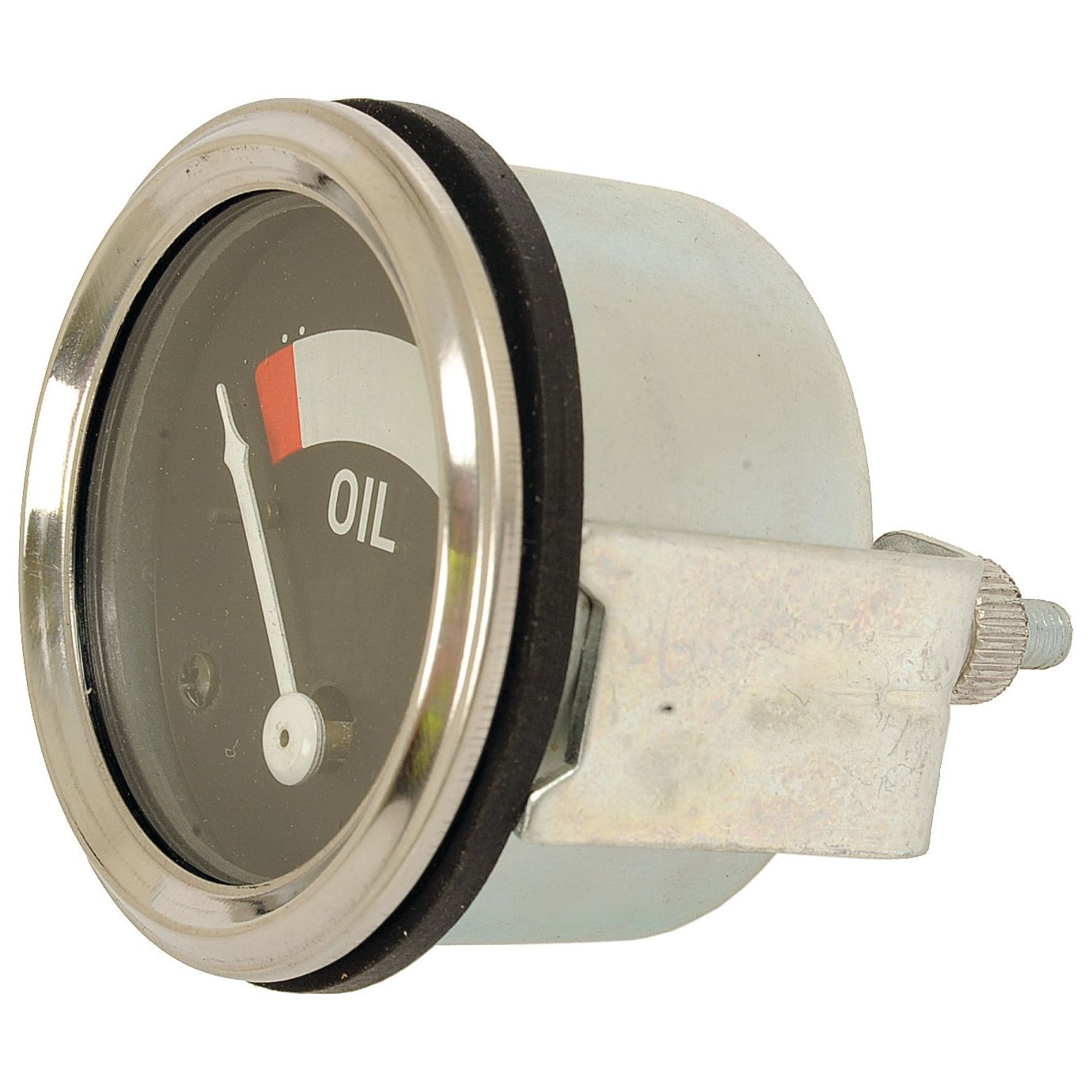 The Sparex Oil Pressure Gauge (Sparex Part No. S.103303) features a round analog display with a silver casing, black face, and a needle pointing towards the lower end of the scale. Compatible with Case IH equipment, this gauge is securely attached to a metal bracket using a sturdy screw.