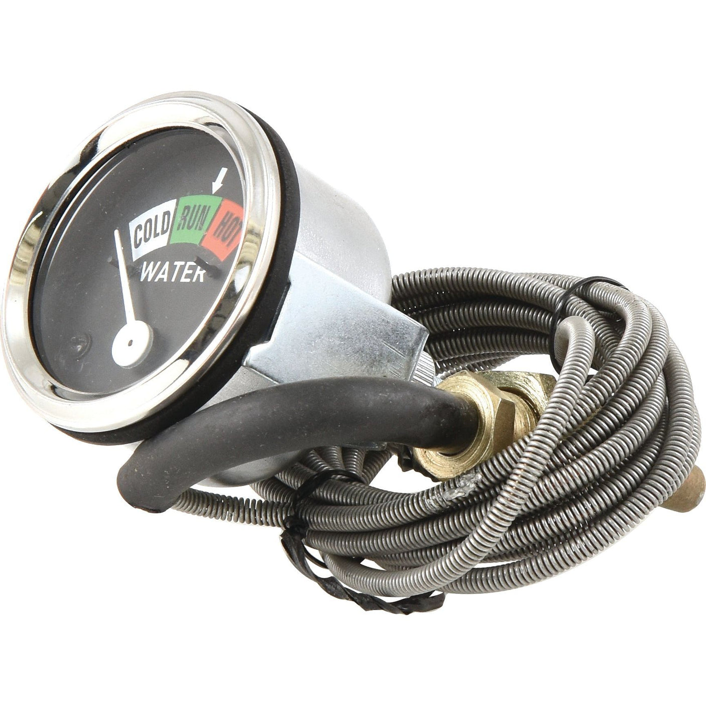 The Sparex Water Temperature Gauge (Sparex Part No. S.103304), ideal for Case IH equipment, is a black gauge displaying Cold, Run, and Hot sections on its meter. It includes a coiled metal sensor tube to ensure precise readings.