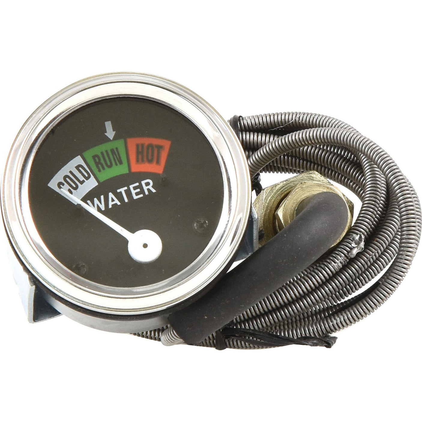 Sparex Water Temperature Gauge (Temperature range) with a needle indicator reading "RUN" and labeled sections for COLD, RUN, and HOT. This gauge, identified by Sparex Part No. S.103304, is designed for easy installation with an included coiled wire.