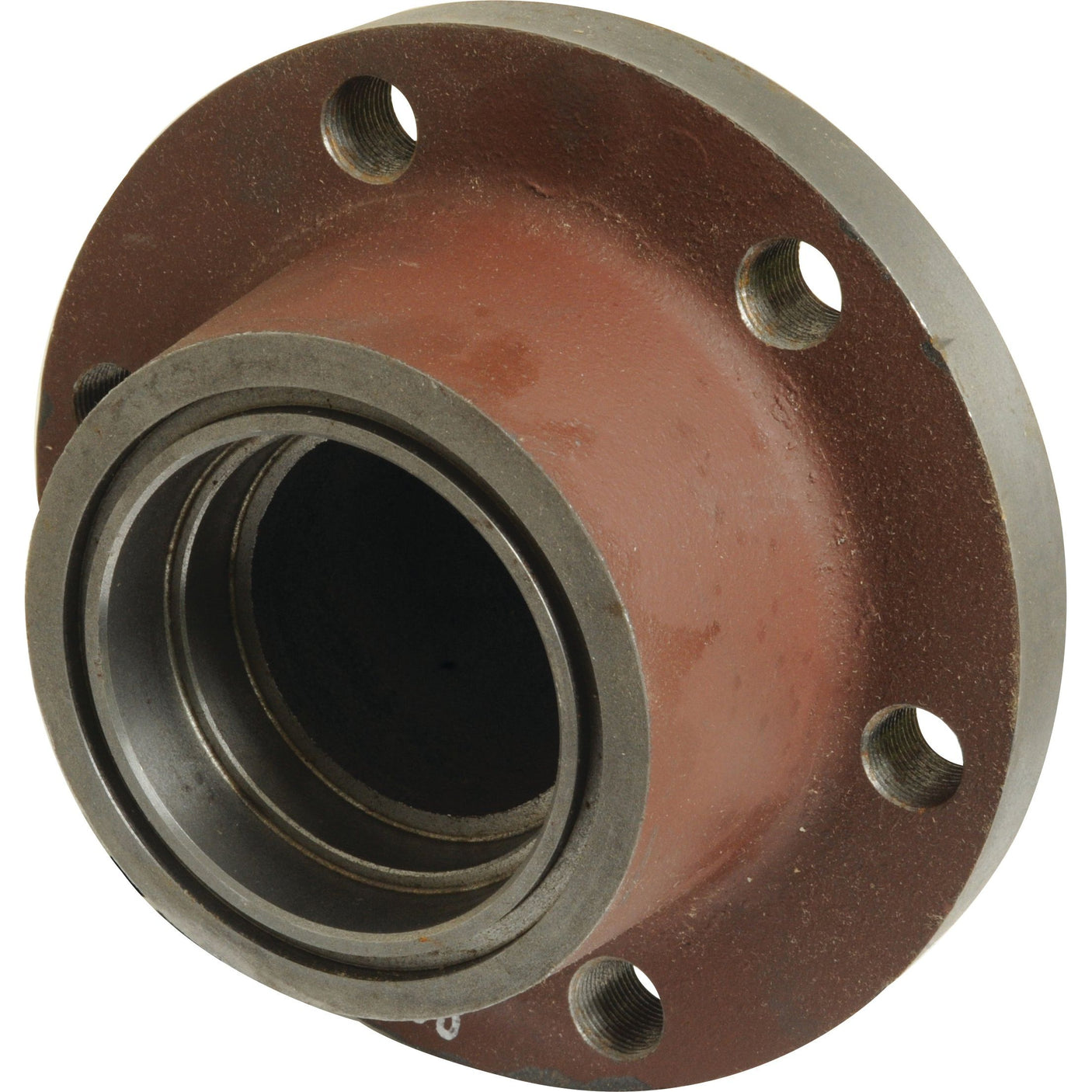 A Wheel Hub from Sparex (Part No. S.103310), featuring a brown metal construction with five bolt holes and a central cylindrical opening, viewed at an angle.