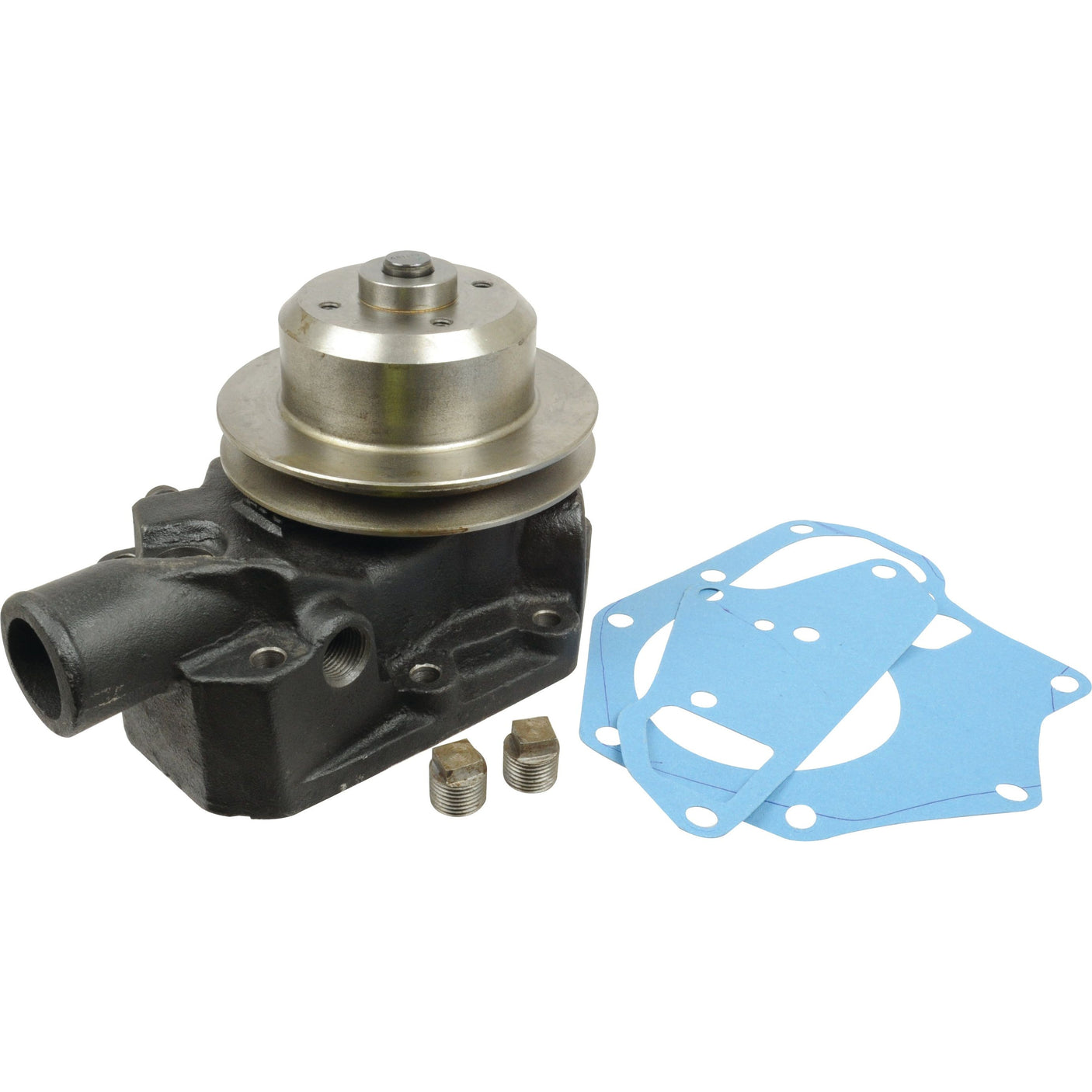 A mechanical component set featuring a Sparex Water Pump Assembly (Part No. S.103313) supplied with a pulley, accompanied by two bolts and blue gaskets on a white background.