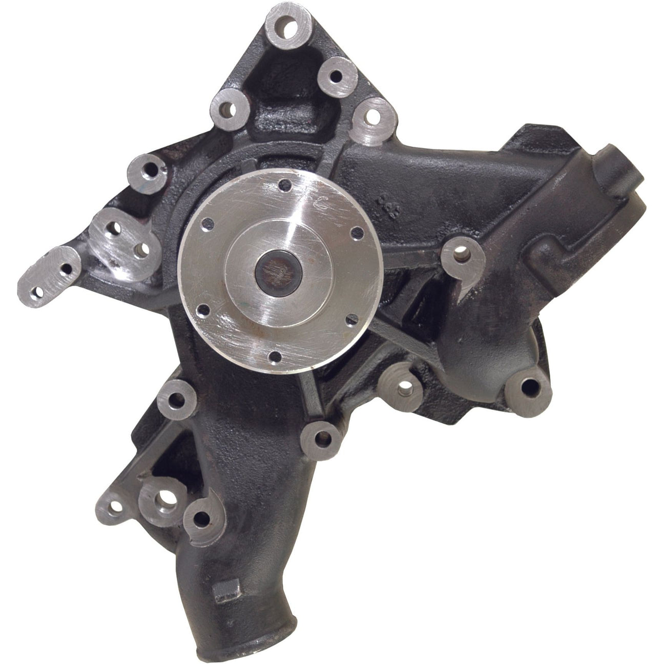 The Sparex Water Pump Assembly - S.103314 is a metallic automotive pump featuring multiple bolt holes and a central hub, specifically designed for efficient integration with a MAN engine D0826 in the vehicle's cooling system.