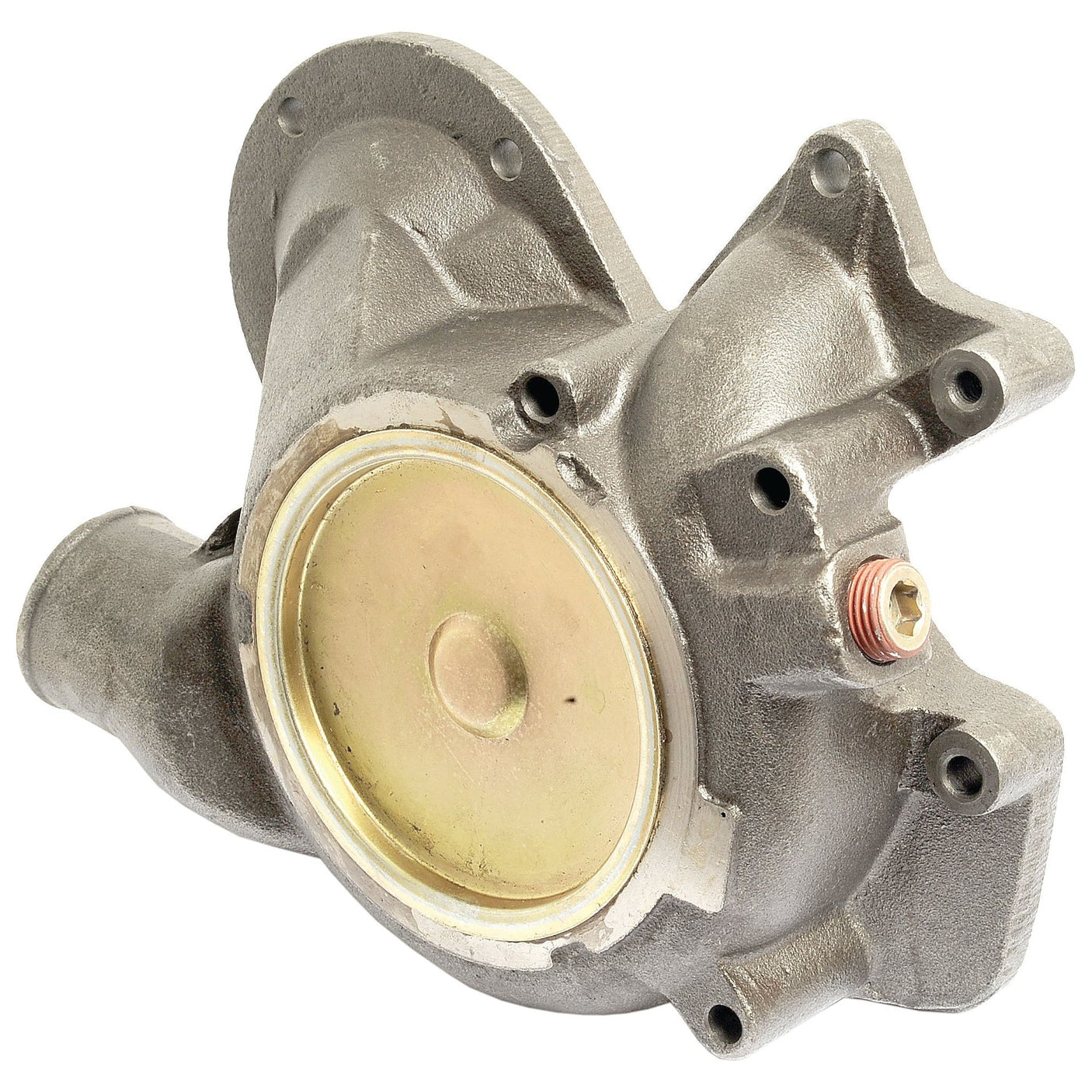 A metal automotive water pump assembly with a round central component and a protruding nozzle, branded as Sparex part number S.103315, used in the Landini LANDPOWER 135 vehicle's cooling system for circulating coolant. The product is supplied with a pulley.