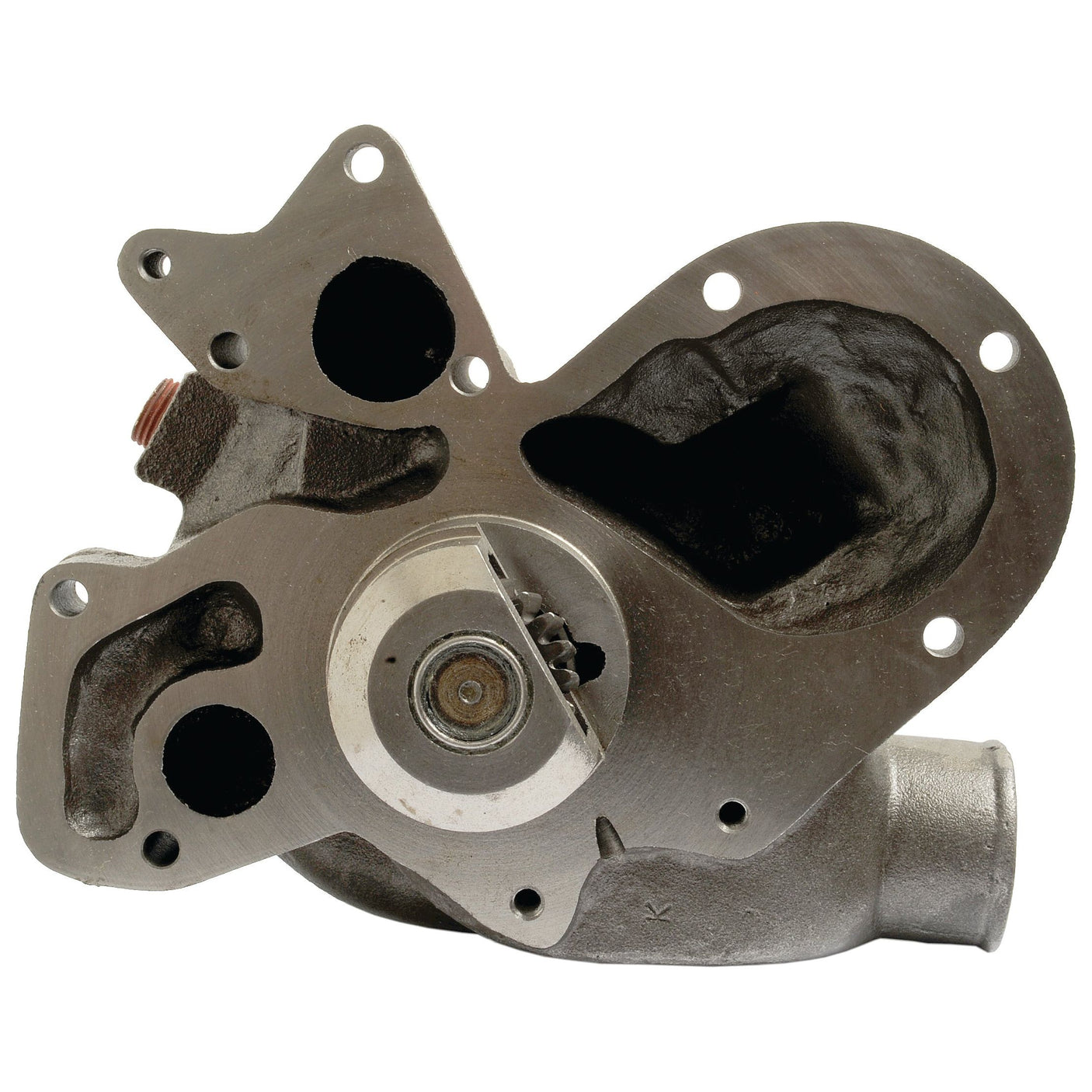 A close-up image of a Sparex Water Pump Assembly (Supplied with Pulley) | Sparex Part No.S.103315, showcasing various holes, a central circular component, and multiple mounting points. The part exhibits a rough and industrial appearance, which is characteristic of the rugged design found in Massey Ferguson U5MW0196 machinery.