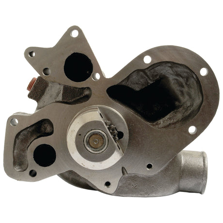 A close-up image of a Sparex Water Pump Assembly (Supplied with Pulley) | Sparex Part No.S.103315, showcasing various holes, a central circular component, and multiple mounting points. The part exhibits a rough and industrial appearance, which is characteristic of the rugged design found in Massey Ferguson U5MW0196 machinery.