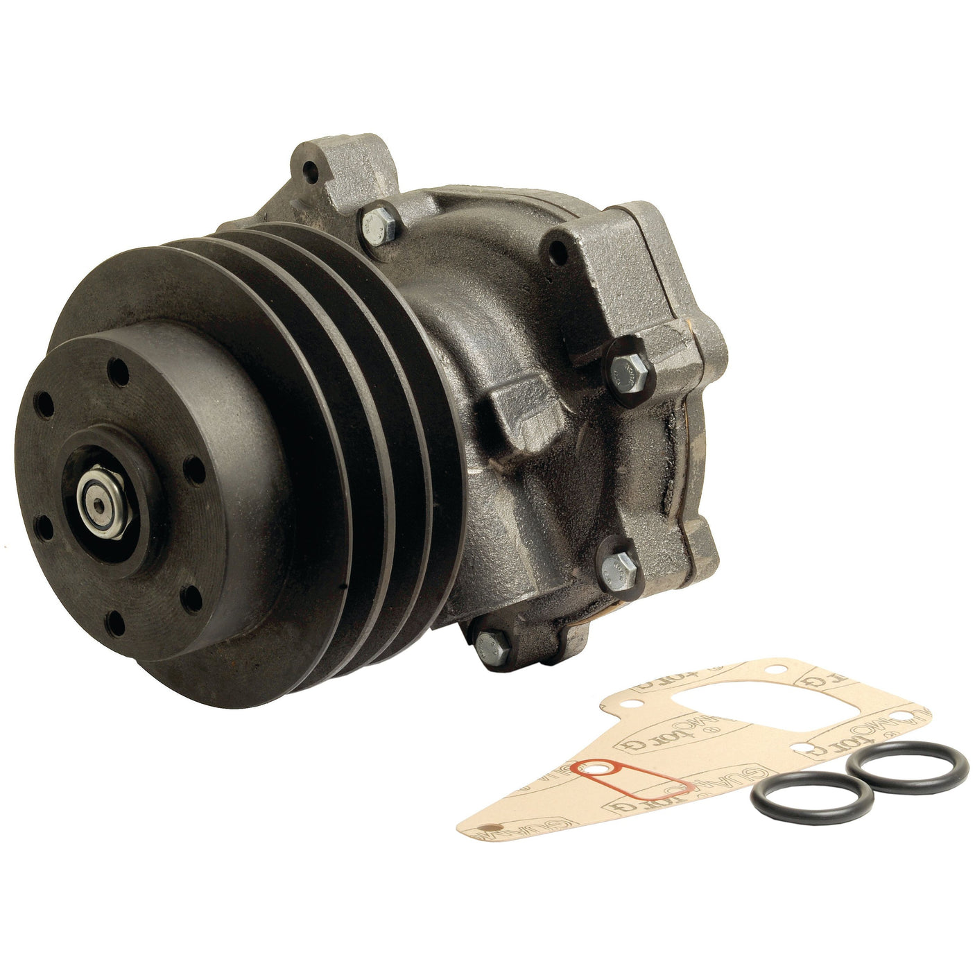 A black Water Pump Assembly (model S.103326) by Sparex, featuring a Triple Groove Poly-Vee Pulley, is shown alongside two black O-rings and a beige gasket.