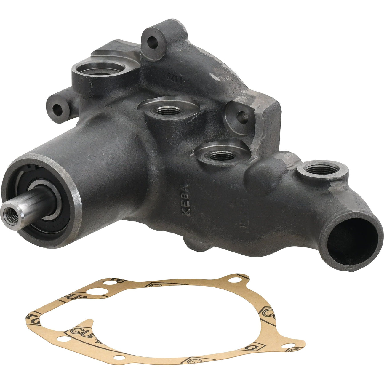 A Water Pump Assembly - S.103328 by Sparex, featuring a gray exterior with black and metal components, and including a tan gasket, designed for use in Massey Ferguson machinery.