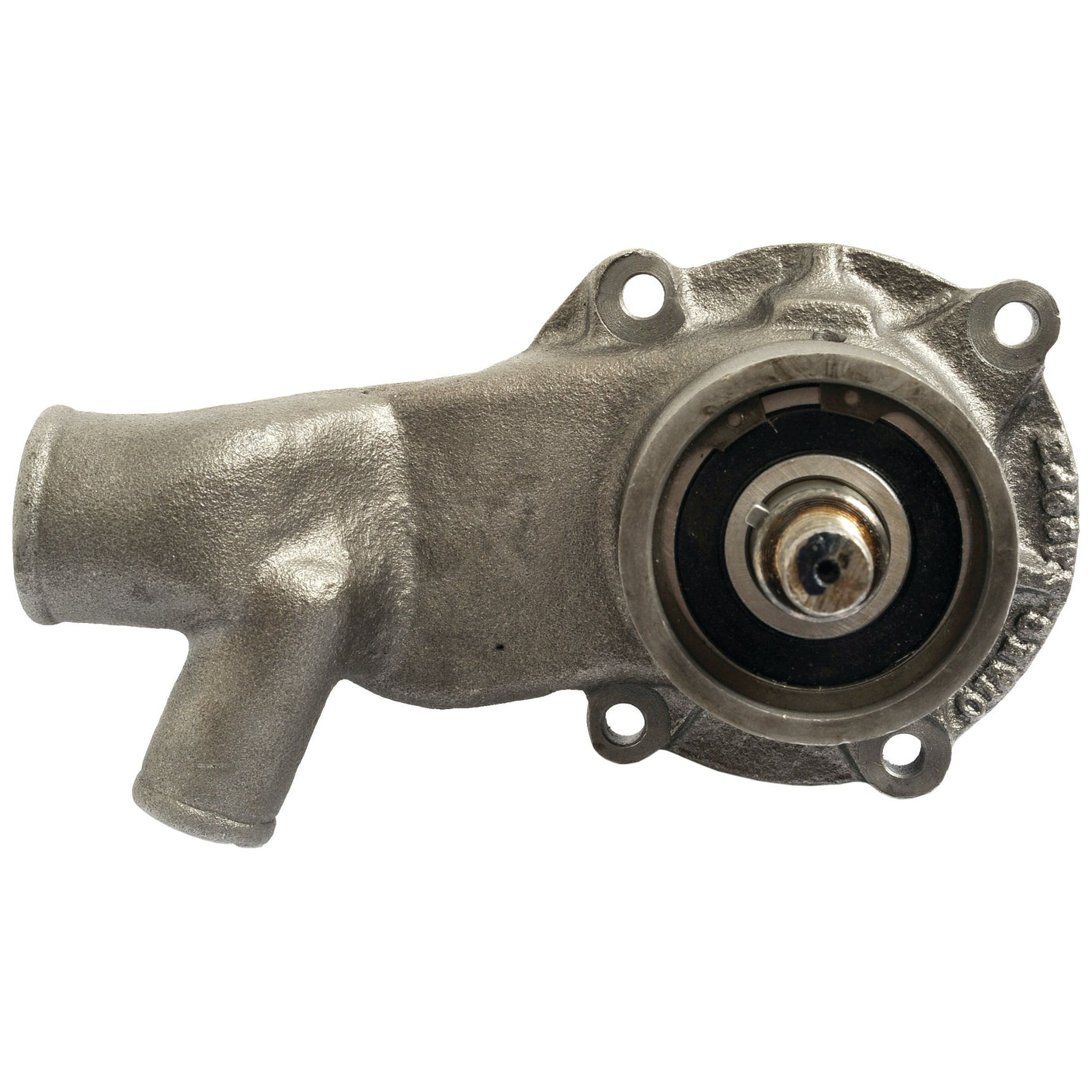 The Sparex Water Pump Assembly - S.103329 is a metal housing compatible with Massey Ferguson models, featuring mounting holes and heater outlet pipes, viewed from the front.