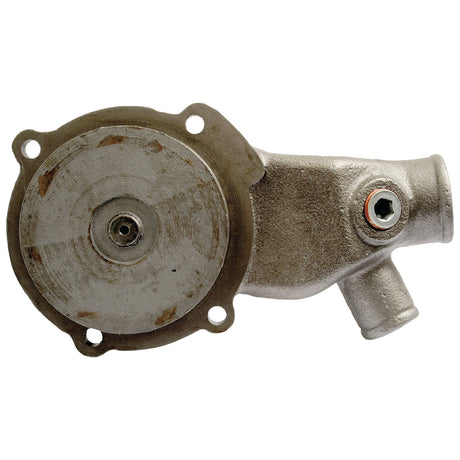 The Sparex Water Pump Assembly - S.103329, a metal mechanical part featuring a round base with four visible mounting holes and a protruding cylindrical attachment, is often used as a heater outlet in Massey Ferguson machinery.