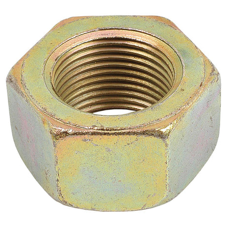 A close-up of a Sparex Imperial Hexagon Nut, size 1 1/8'' UNF (DIN 934) with internal threading, typically used in conjunction with a bolt for securing objects together. The nut is zinc-plated and exhibits slight discoloration, indicating some oxidation or wear.