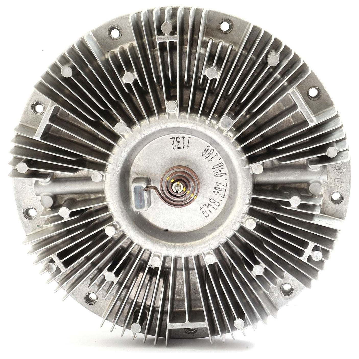 A metal mechanical component with a circular shape and radial fins surrounding its center, akin to those found in a Fendt 815 VARIO. It features various numeric engravings and bolt holes, characteristic of the Viscous Fan Drive by Sparex (Sparex Part No.S.104707).