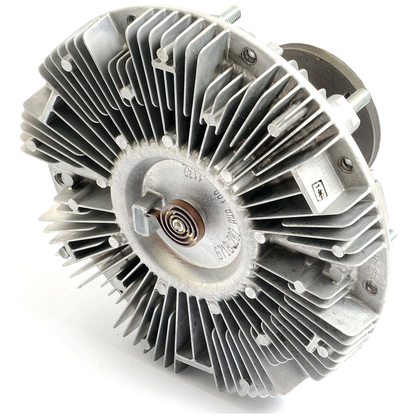 Close-up of a Sparex Viscous Fan Drive (Sparex Part No. S.104707) with fins, resembling those found in a Fendt 815 VARIO, used in automotive systems to regulate engine temperature, isolated on a white background.