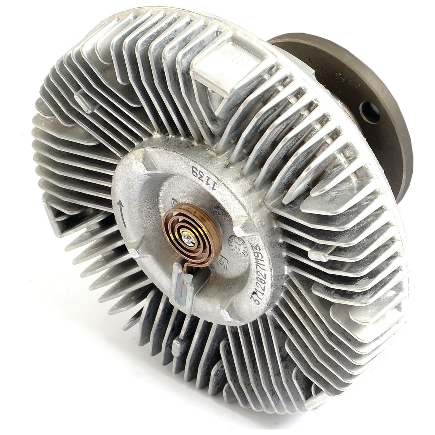 Close-up view of a metal automotive fan clutch with fins. The Sparex Viscous Fan Drive (Sparex Part No. S.104712) features detailed engravings, a central spring mechanism, and an arrow to indicate rotational direction, suitable for Landini or Massey Ferguson tractors.