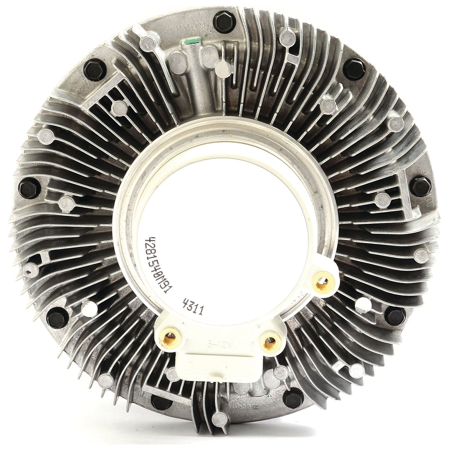 The Sparex Viscous Fan Drive (Sparex Part No. S.104713) is a circular, metallic mechanical component featuring multiple radial fins and various screws along the outer edge. Its center includes a white plastic piece marked with numbers. This fan drive is compatible with Massey Ferguson models and manufactured by Sparex for optimal performance.
