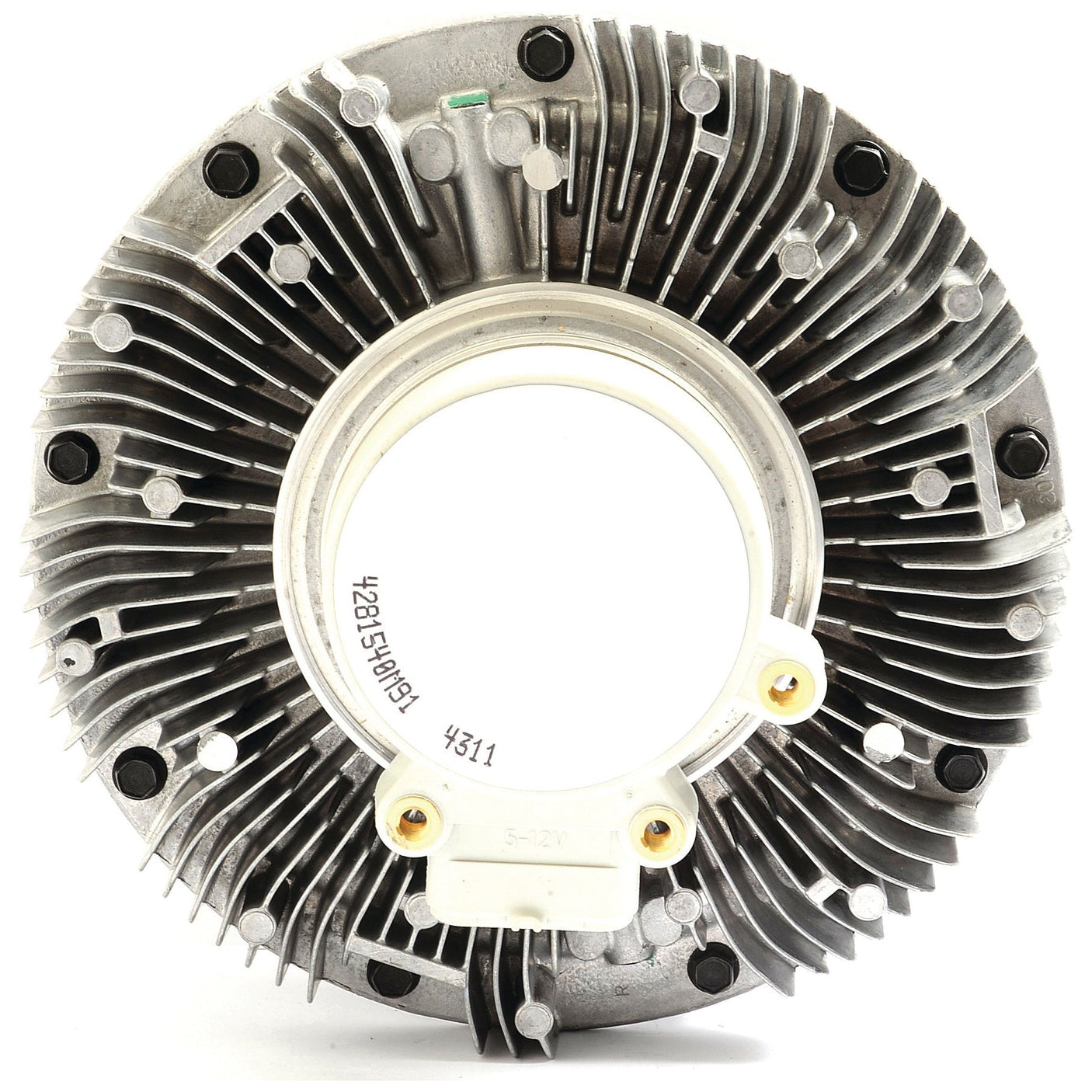 The Sparex Viscous Fan Drive (Sparex Part No. S.104713) is a circular, metallic mechanical component featuring multiple radial fins and various screws along the outer edge. Its center includes a white plastic piece marked with numbers. This fan drive is compatible with Massey Ferguson models and manufactured by Sparex for optimal performance.