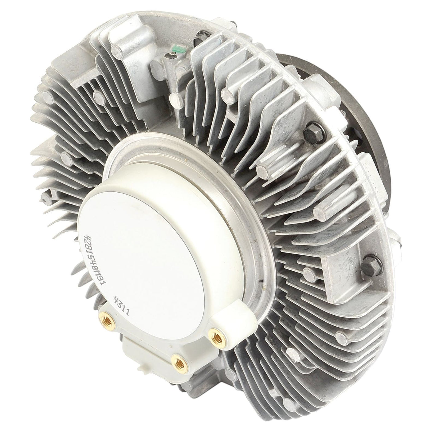 A metallic automotive cooling fan clutch with fins and mounting hardware, compatible with Massey Ferguson tractors. This Viscous Fan Drive (Sparex Part No. S.104713) by Sparex ensures optimal engine performance.