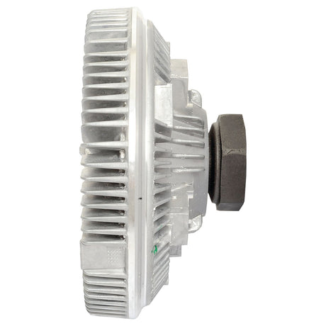 Side view of a metallic engine cooling fan clutch with visible fins and mounting hardware, compatible with Massey Ferguson tractors. This Sparex Viscous Fan Drive (Sparex Part No. S.104714) ensures optimal cooling performance.