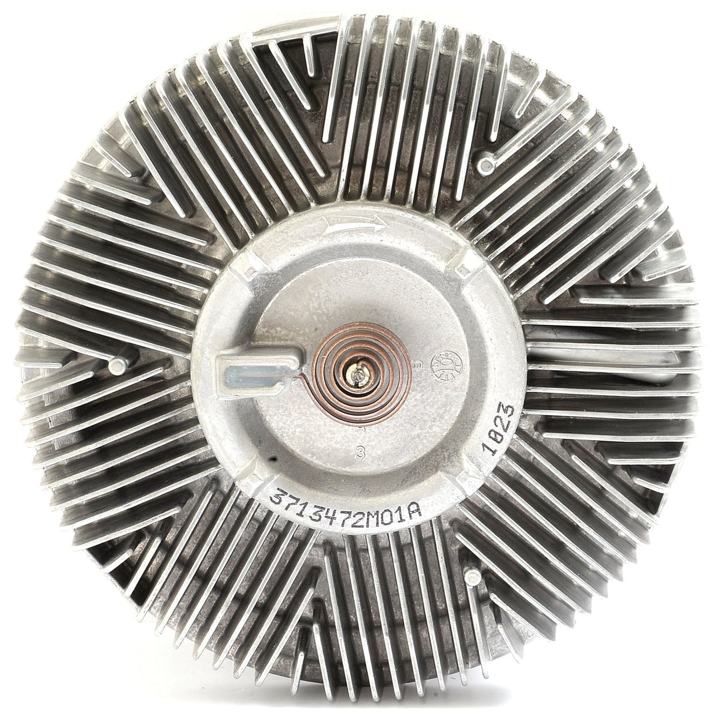 An up-close image of a metal Viscous Fan Drive with visible fins and a central mounting area. The product, model number "37134-7ZMO1A" and the number "1823", is ideal for Massey Ferguson vehicles and distributed by Sparex under the part number S.104717.