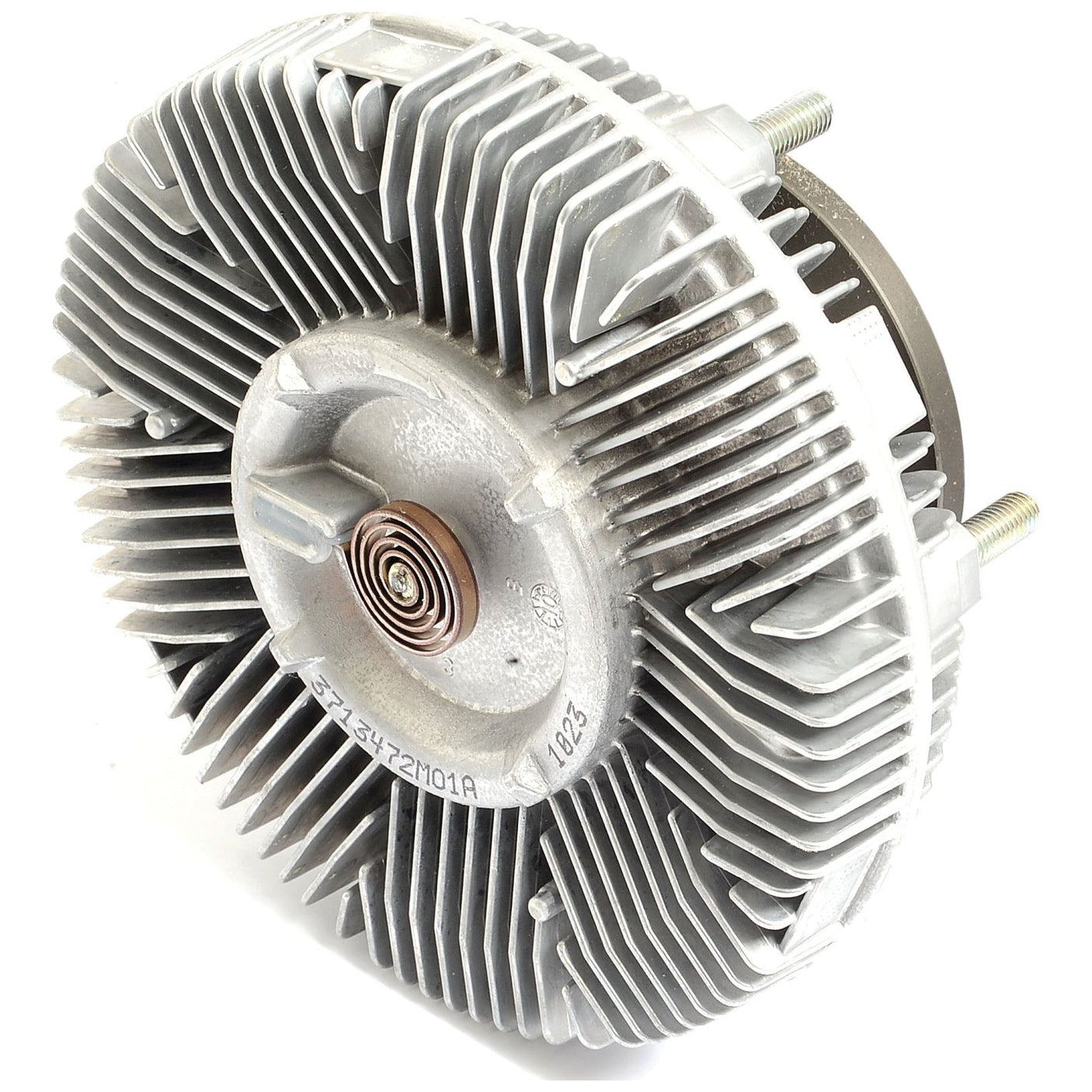 A Sparex Viscous Fan Drive (Sparex Part No. S.104717) featuring silver fins, a central copper-colored mechanism, and attached bolts.