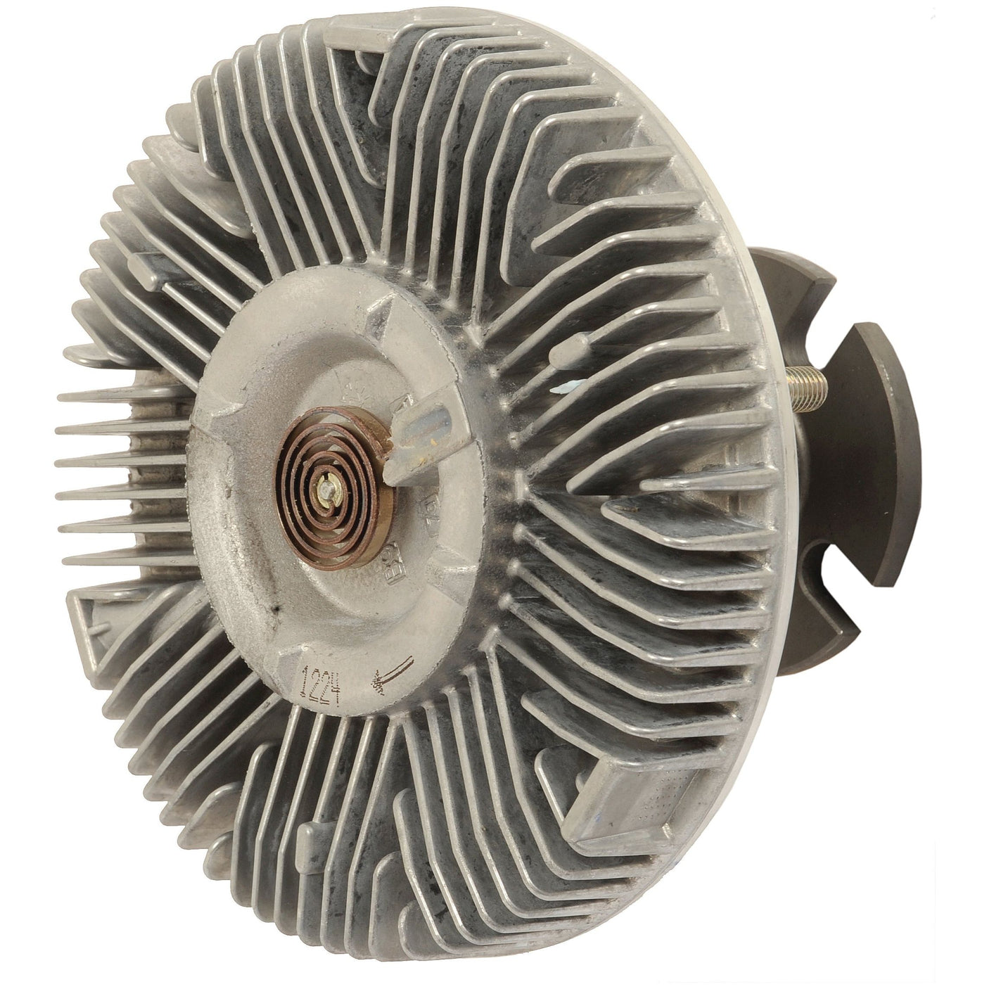 A Sparex Viscous Fan Drive (Sparex Part No. S.104756) with a circular design, featuring numerous fins radiating outward from the center, perfect for Case IH vehicles.