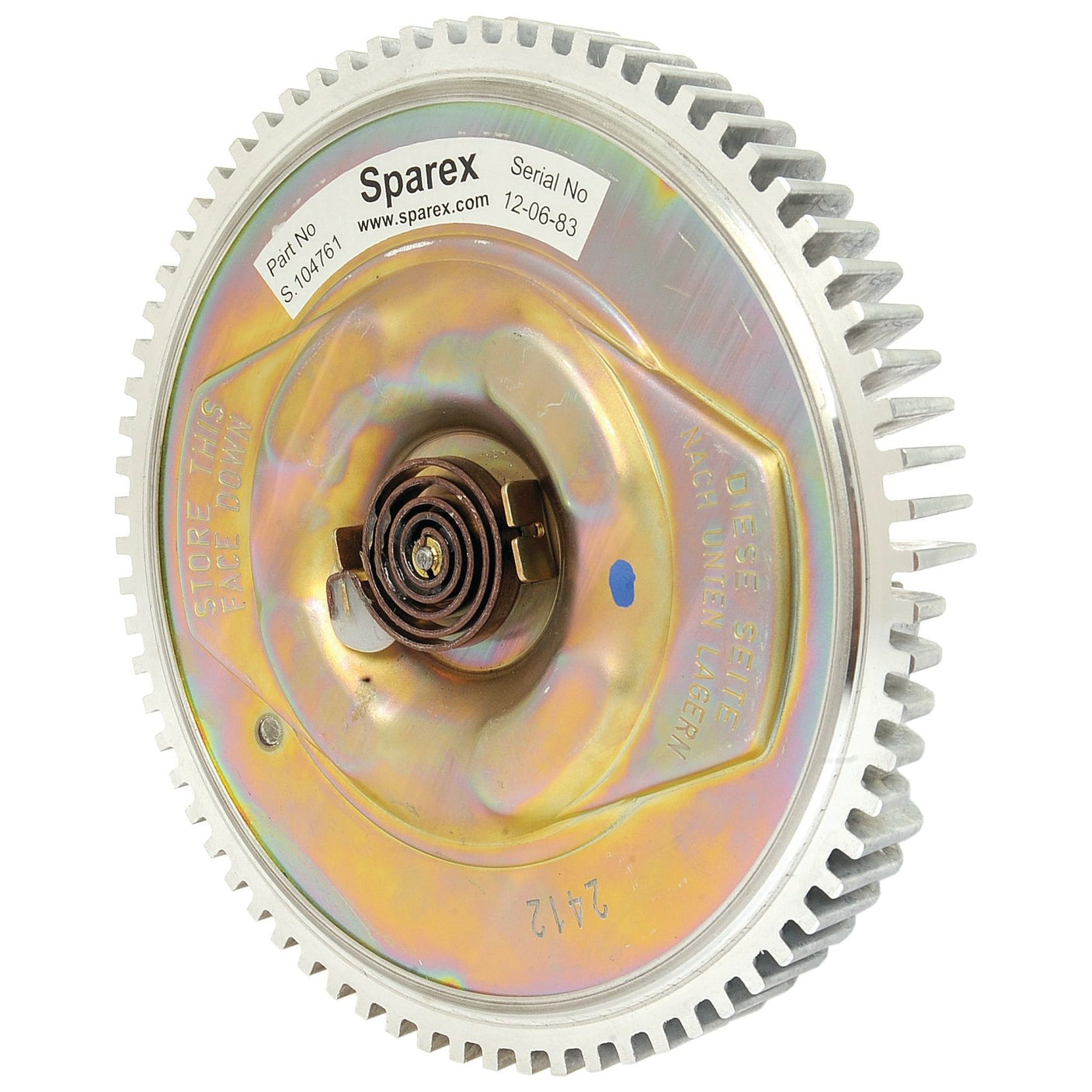 A Sparex Viscous Fan Drive (Part No. S.104761) with a serial number and several technical details is commonly used as a replacement for the Ford 5110. It features a toothed outer edge, central copper component, and an attached spring, making it compatible with New Holland 7710 applications.