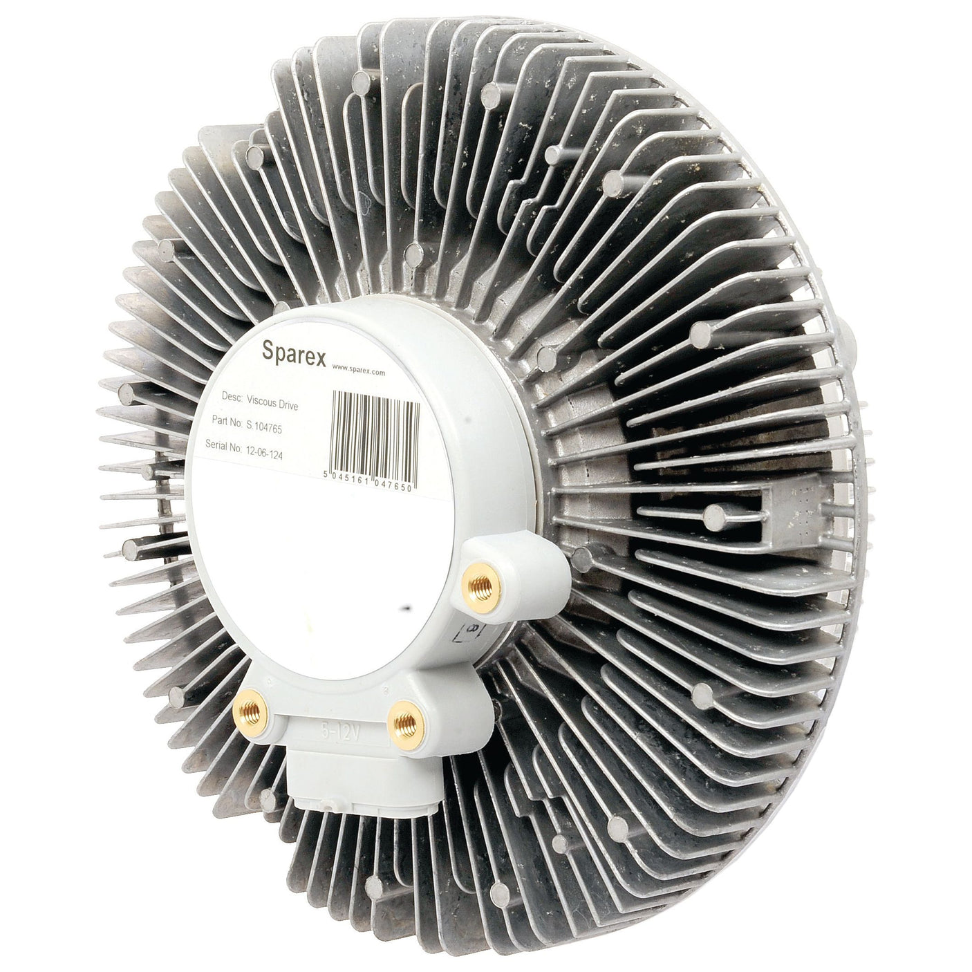 A round, metal Sparex Viscous Fan Drive (Sparex Part No. S.104765) with two protruding connectors, labeled "Sparex" and featuring cooling fins and a visible barcode on the back, making it an essential component for Ford New Holland machinery.