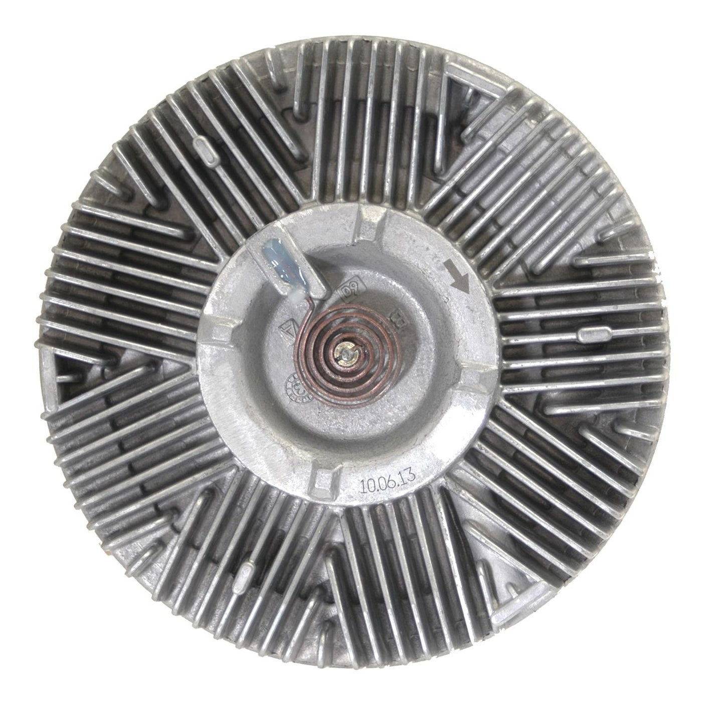 A round metal component featuring radiating fins, a central coil, and an arrow indicating direction, commonly found in John Deere machinery as part of the Sparex Viscous Fan Drive system (Sparex Part No. S.104810).