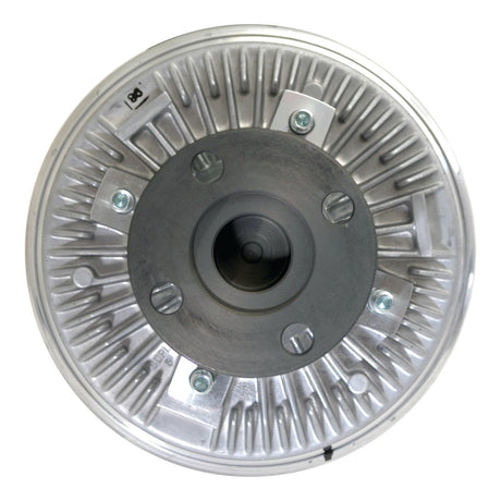 Close-up image of a Sparex Viscous Fan Drive (Sparex Part No. S.104810) metal mechanical component with bolts and a central circular shaft, featuring a radial fin design, similar to those found in John Deere tractors.