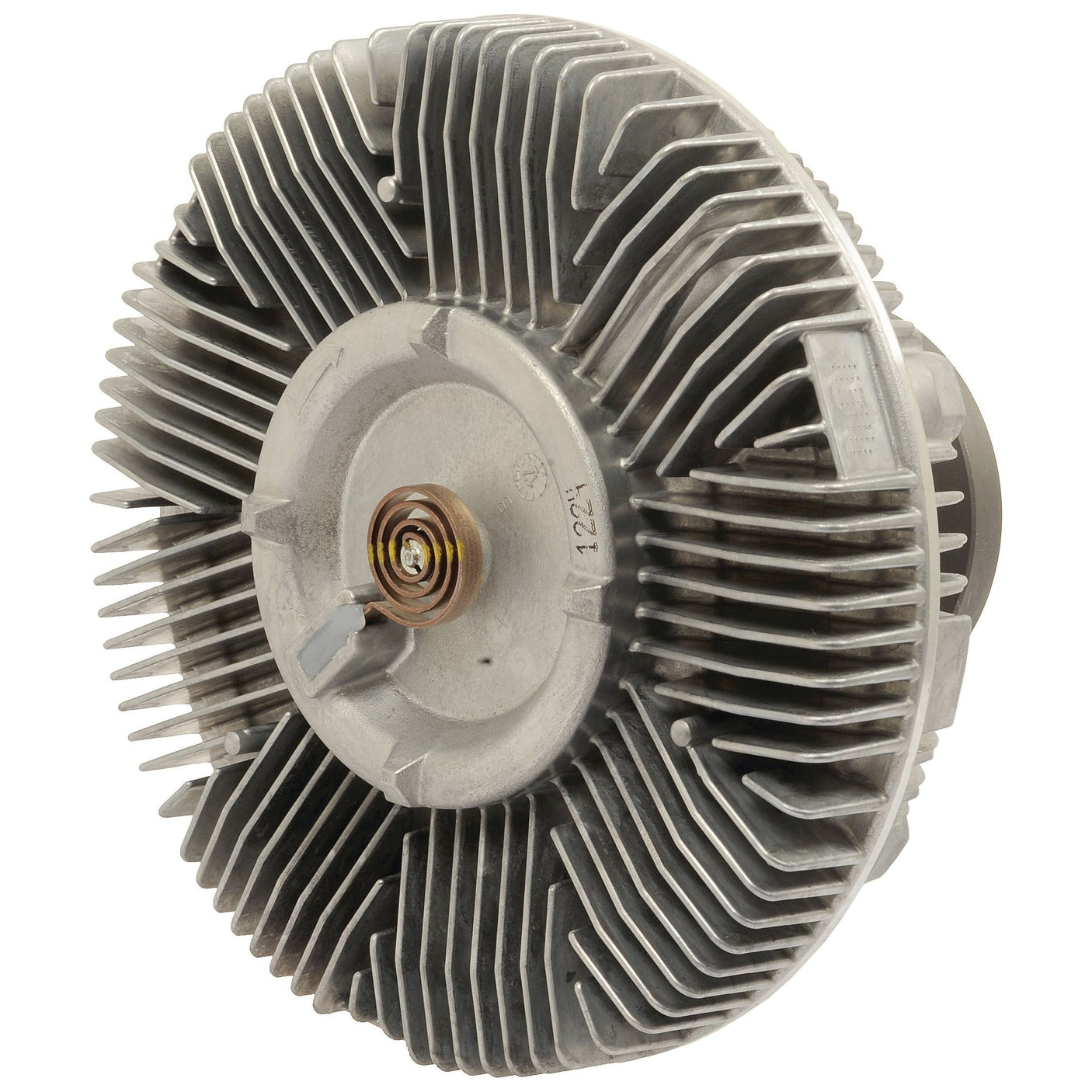 Introducing the Sparex Viscous Fan Drive, part number S.104815: a silver metallic automotive fan clutch with radial fins and a central mounting component, designed for compatibility with John Deere machinery.