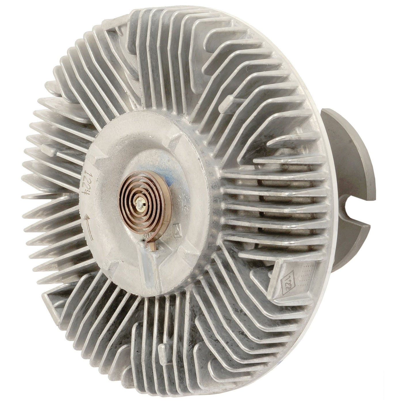 The Viscous Fan Drive by Sparex (Sparex Part No. S.104829) is a metallic automotive cooling fan clutch equipped with radial fins and a central coil spring, commonly used in Case IH equipment to regulate the engine's cooling fan based on temperature. These reliable components ensure optimal engine performance.