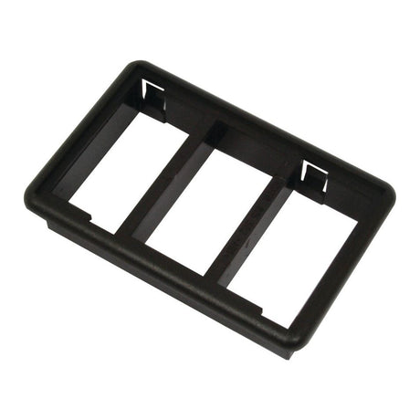 Introducing the Sparex Rocker Switch Mounting Frame for 3 Switches, a black plastic triple gang wall plate with three rectangular openings measuring 48mm x 78mm. Featuring universal fitting for added convenience, this versatile rocker switch holder, also known as Sparex Part No.S.10487, is ideal for various applications.