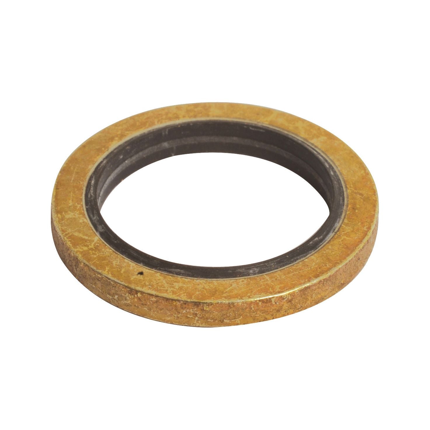 An image of a circular metal washer with a golden outer layer and a black inner ring, resembling the Sealing Gasket by Sparex (Fits | Sparex Part No. S.104907) typically seen in M18X1.5 fittings.
