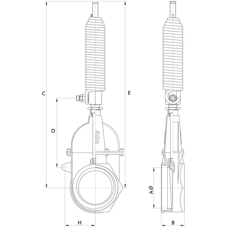 Technical drawing of the Sparex Gate valve with oildynamic ram and spring (Model: S.104913) featuring multiple views, measurements, and labeled sections. The part includes a long cylindrical component with double-threaded 6-inch ends and a wider, curved base fitted with bolts and fittings.