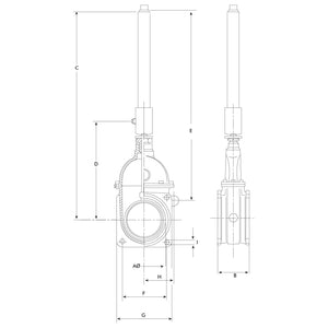 Technical diagram of a Gate valve with oildynamic double acting ram - Double flanged 4'' - S.104920 from Sparex, showing front and side views with dimensions labeled for various parts including the valve body, handle, and inner components, designed to withstand 3 bar pressure.