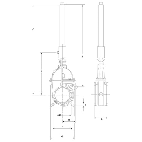 Technical diagram of a Gate valve with oildynamic double acting ram - Double flanged 4'' - S.104920 from Sparex, showing front and side views with dimensions labeled for various parts including the valve body, handle, and inner components, designed to withstand 3 bar pressure.