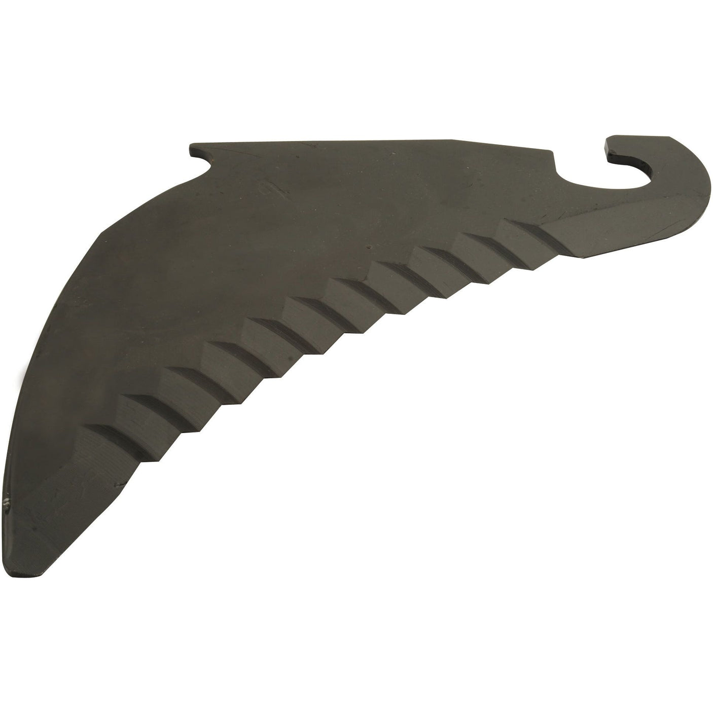 A black, curved metal tool with serrated edges and a hook at one end, designed as a Claas replacement part for models such as the ROLLANT 46 RC, known as the Baler Blade (to fit as 8234221) from Sparex (Sparex Part No. S.104954).