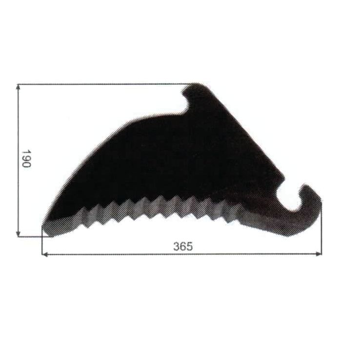 A black, irregularly-shaped object with jagged edges and dimensions of 190mm in height and 365mm in length, designed as a Claas replacement part, known as the Baler Blade (Sparex Part No. S.104954) from Sparex.