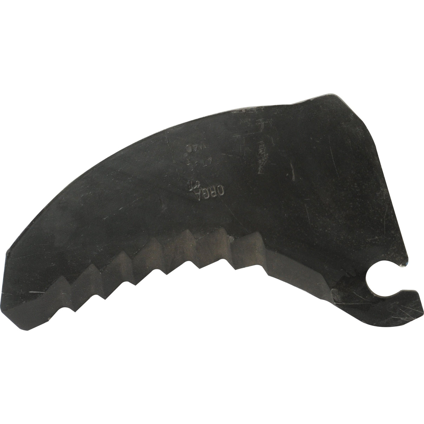 The Sparex Baler Blade, designed to fit as 2759951 and listed under Sparex Part No. S.104970, features a black, curved metal blade with a serrated edge and a small hook at one end to ensure durability and precision.