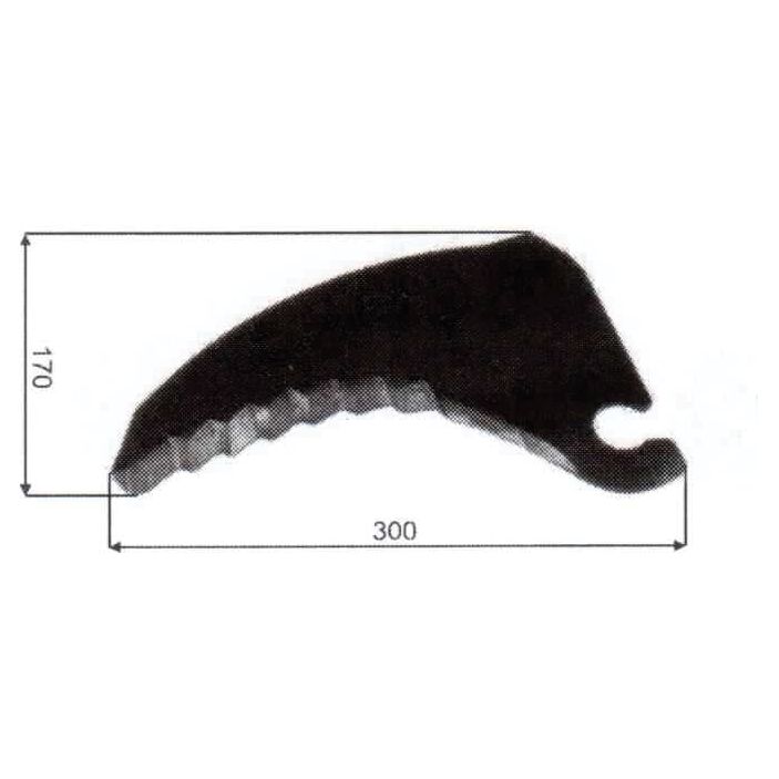 A black silhouette of a curved, serrated object with dimensions 170 mm in height and 300 mm in length, perfect as a Sparex replacement baler blade (Part No. S.104970), fitting as 2759951.