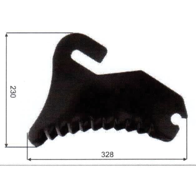 The black, irregularly shaped mechanical part on display has dimensions of 328 mm in width and 230 mm in height. This Baler Blade is compatible with the Mchale FUSION 2 and can be identified using the code CKN00014. The Sparex Part Number for this product is S.104973.